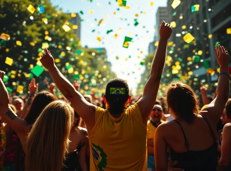 Crowd celebrating with Brazilian flags and colorful confetti.