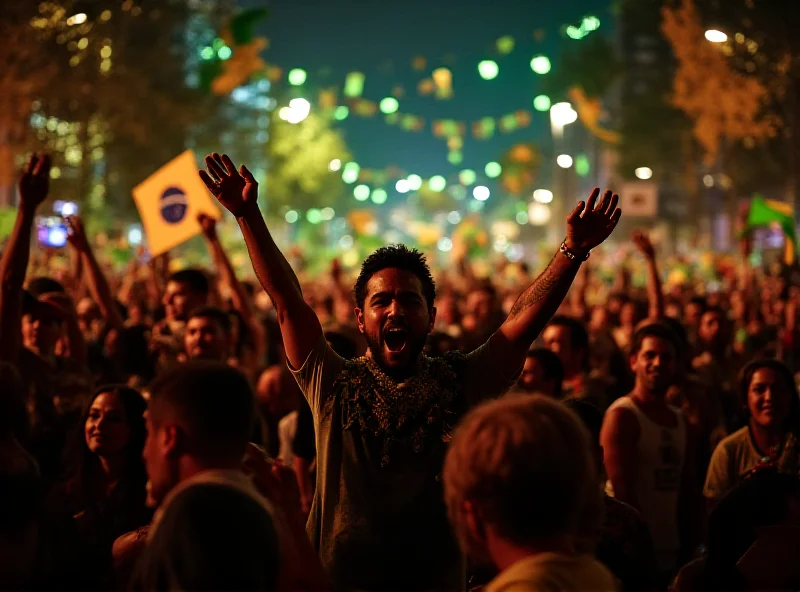 Crowd celebrating at Carnival with Brazilian flags and banners after the Oscar win