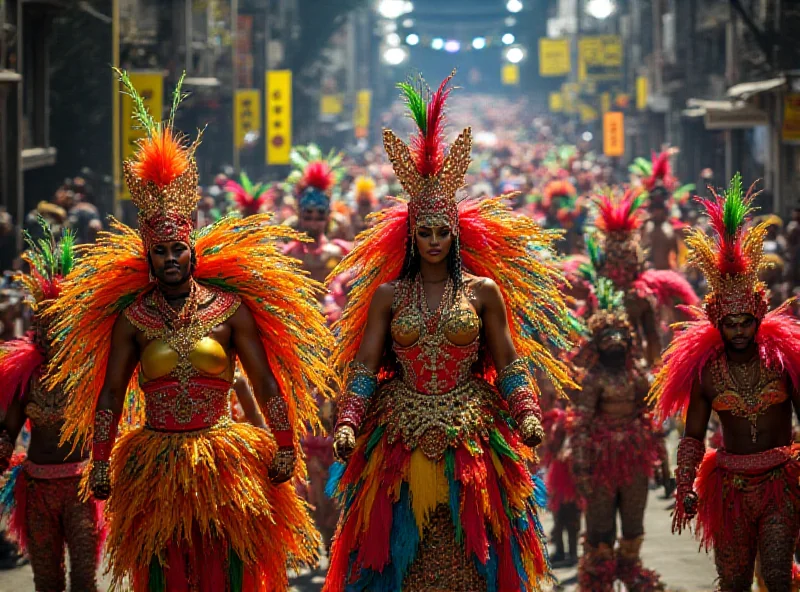 A vibrant scene from the Rio Carnival parade with elaborate costumes and floats