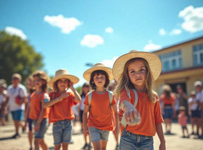 Students leaving a school building in Rio Grande do Sul on a hot day.