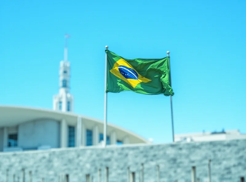 Brazilian flag waving in front of the Federal Chamber building in Brasilia