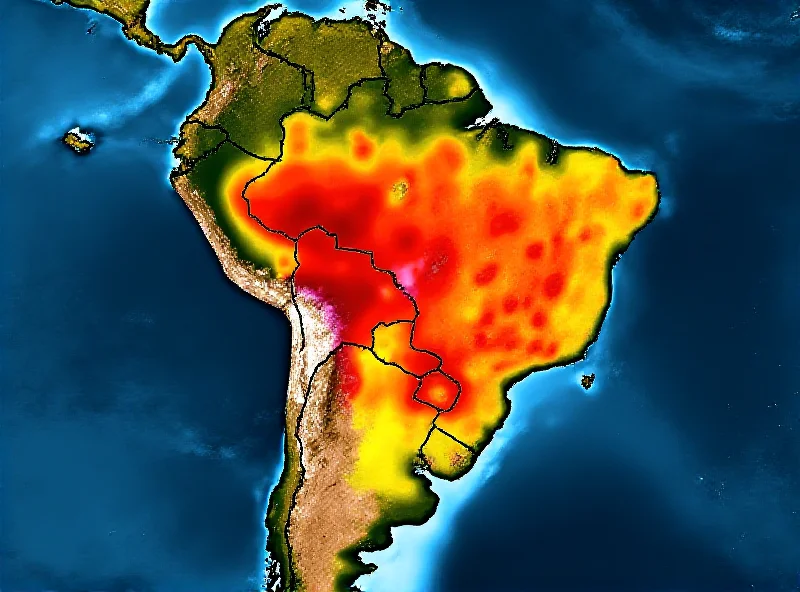 Satellite image showing a heatwave over Brazil, with red and orange colors indicating high temperatures.