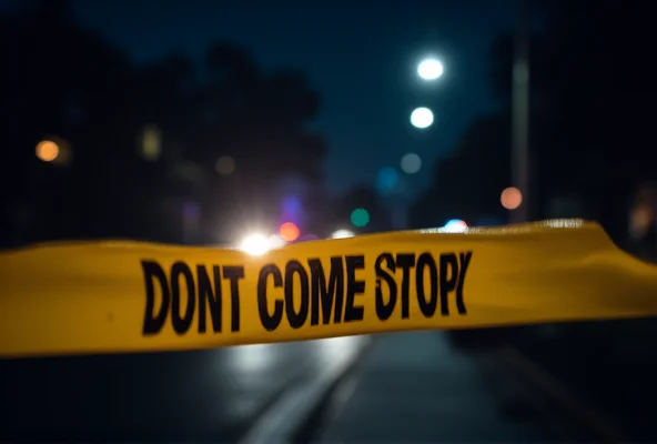 Silhouette of police tape at a crime scene at night, with blurred lights in the background.