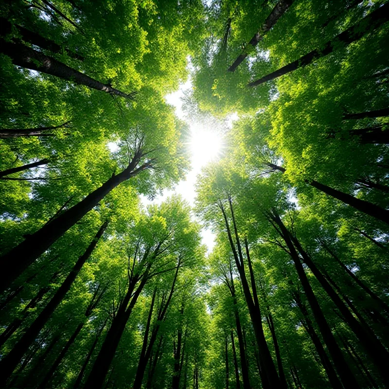 A person looking up at a dense forest canopy, with sunlight filtering through the leaves.