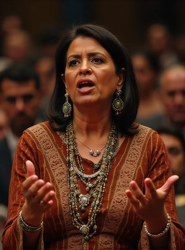 A portrait of Célia Xakriabá, a Brazilian congresswoman, speaking passionately during a political debate