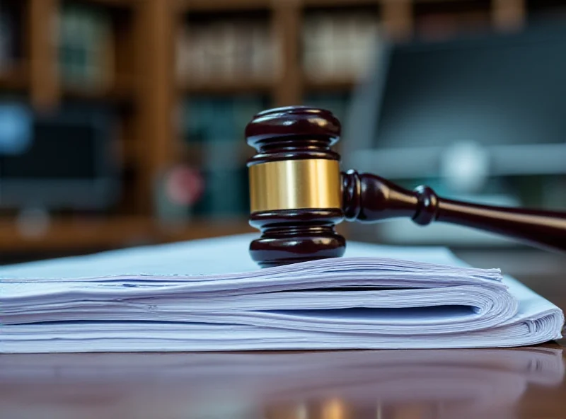 A gavel resting on a stack of legal documents related to the 1MDB scandal, symbolizing the ongoing investigation and legal battles