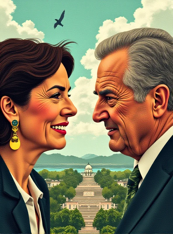 Illustration of two political figures facing off in a stylized Brazilian setting.