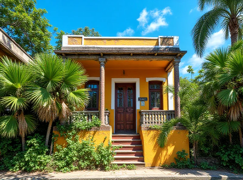 Exterior view of a historic Brazilian house, possibly in Rio de Janeiro, with palm trees and blue sky in the background.