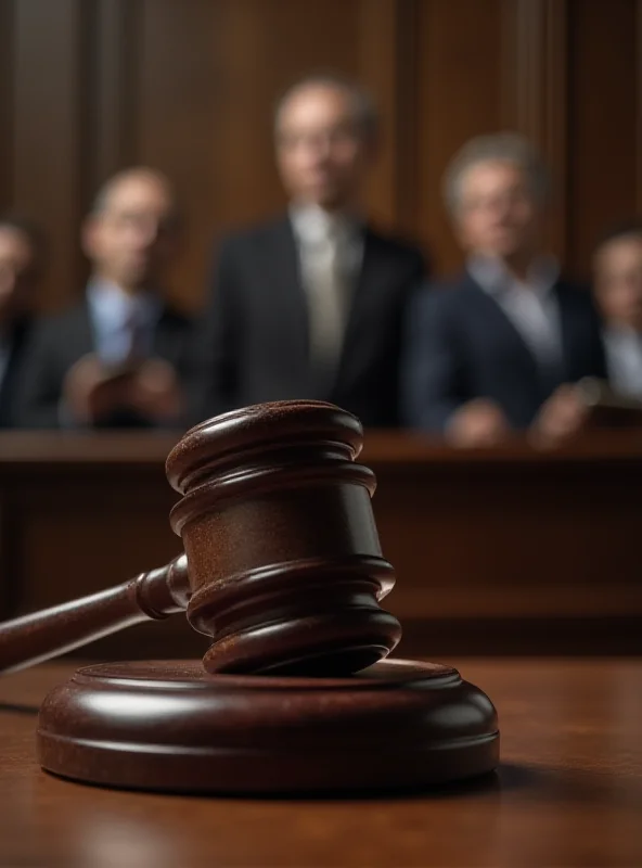 A gavel striking a sound block in a courtroom, with blurred figures in the background representing legal proceedings.