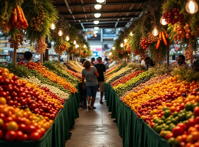 A vibrant Brazilian marketplace filled with fresh produce