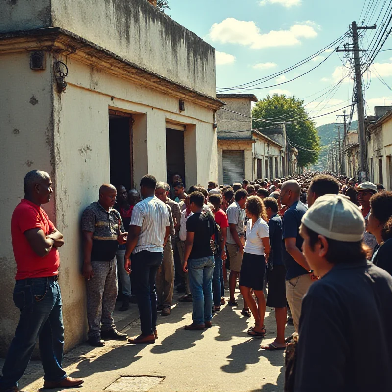 A long line of people waiting outside a legal aid office in Brazil, symbolizing the lack of access to justice for many citizens.