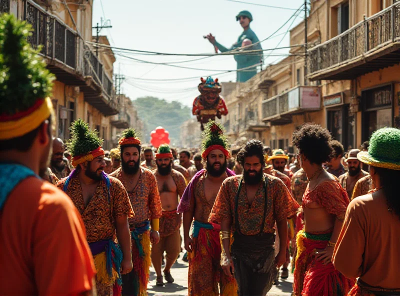 A vibrant street scene in Sao Luiz do Paraitinga during Carnival, filled with people in colorful costumes and giant puppets.