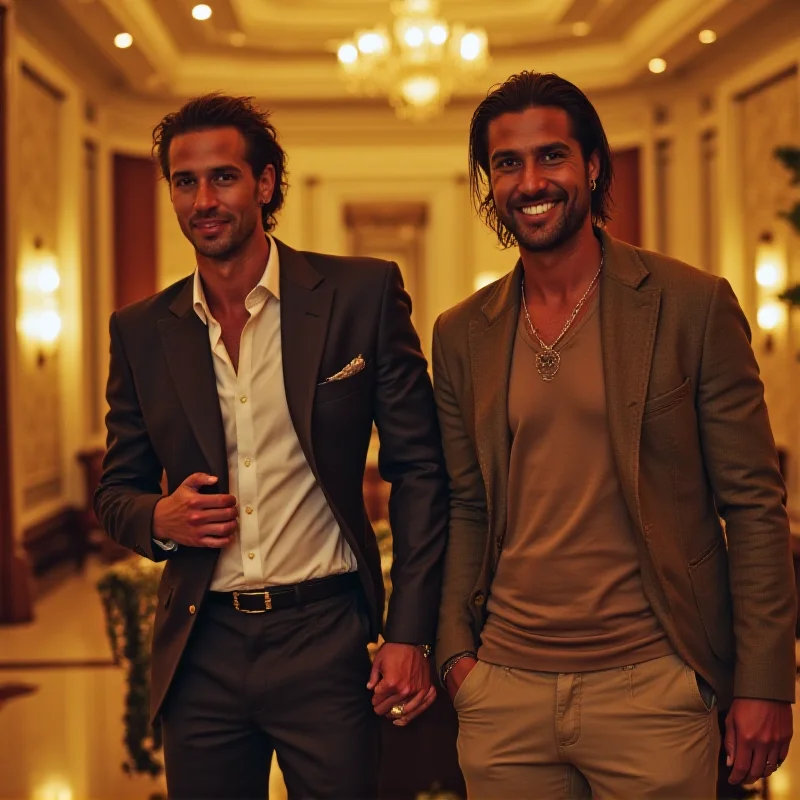 A candid photo of a smiling glamour model and Ronaldinho standing side-by-side in a hotel lobby.