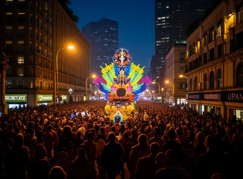 A wide shot of the Rio de Janeiro Carnival parade, showcasing the elaborate floats and costumes, with a large crowd watching.