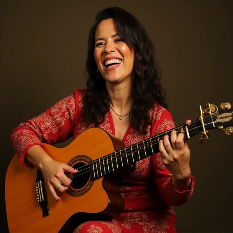 A portrait of Inezita Barroso singing and playing the guitar