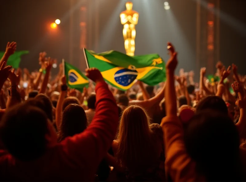 A celebratory crowd waving Brazilian flags at a film festival, with the Oscar statuette subtly visible in the foreground.