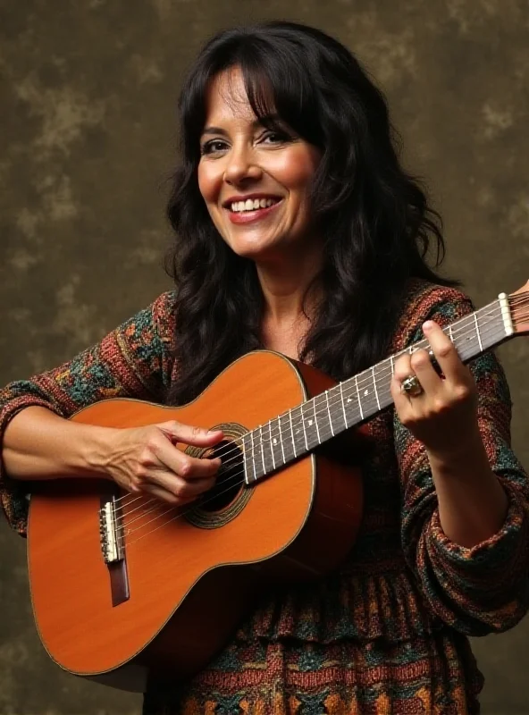 A vintage photograph of Inezita Barroso playing a guitar, dressed in traditional Brazilian rural clothing, with a warm and inviting smile.