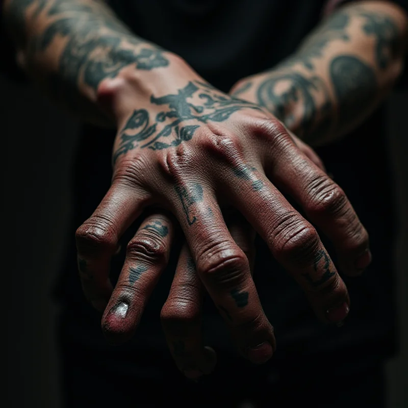 A close-up photo of Diabao Praddo's heavily tattooed hand, with a focus on the surgically altered fingers forming an alien-like claw shape.