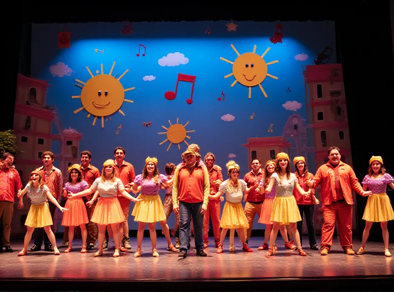 A vibrant scene from the children's musical 'A Million Friends' featuring colorful costumes and joyful dancers.