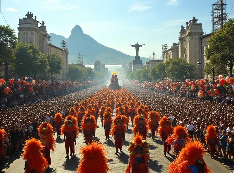 A vibrant and energetic scene from a Rio de Janeiro samba parade, showcasing elaborate costumes, dancers, and a lively atmosphere.