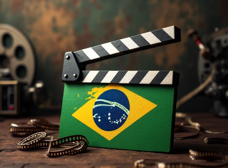 A movie clapperboard with the Brazilian flag subtly incorporated into the design.