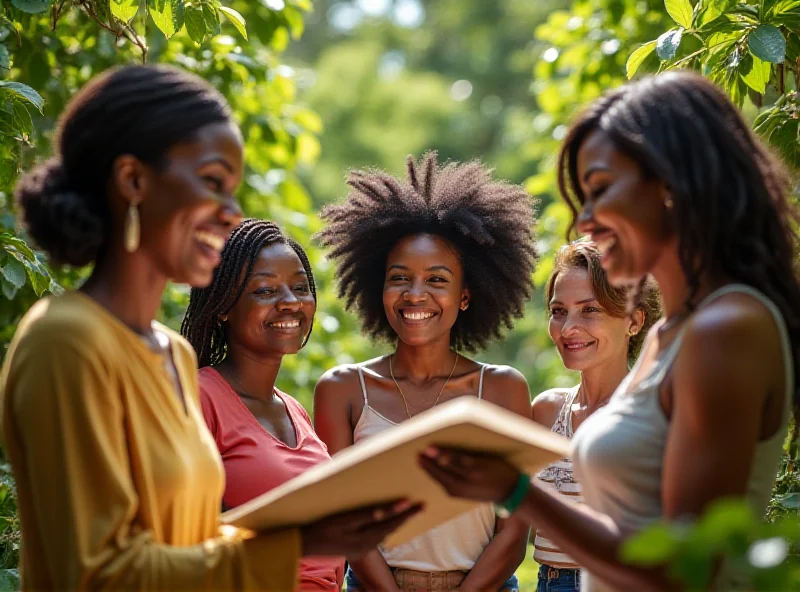 A diverse group of women collaborating on a project outdoors, smiling and engaged in conversation.