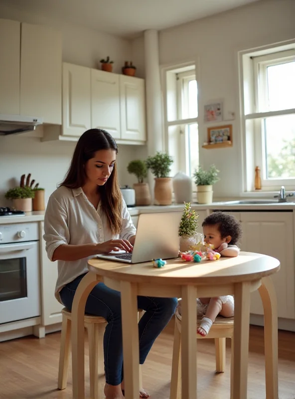 A woman working on a laptop at home, with a child playing nearby.