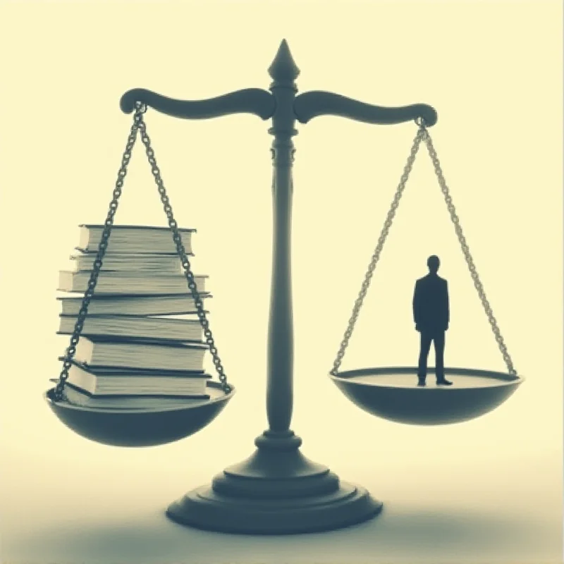 An illustration depicting scales of justice, unbalanced, with a silhouette of a person in need in the background.