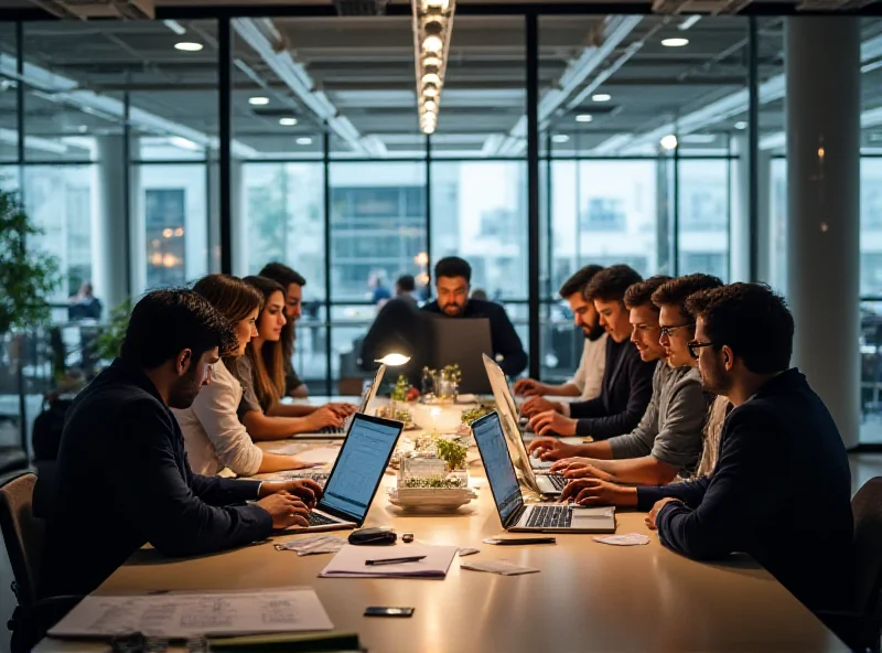 Modern Fintech Office with diverse team collaborating on computers and discussing strategy