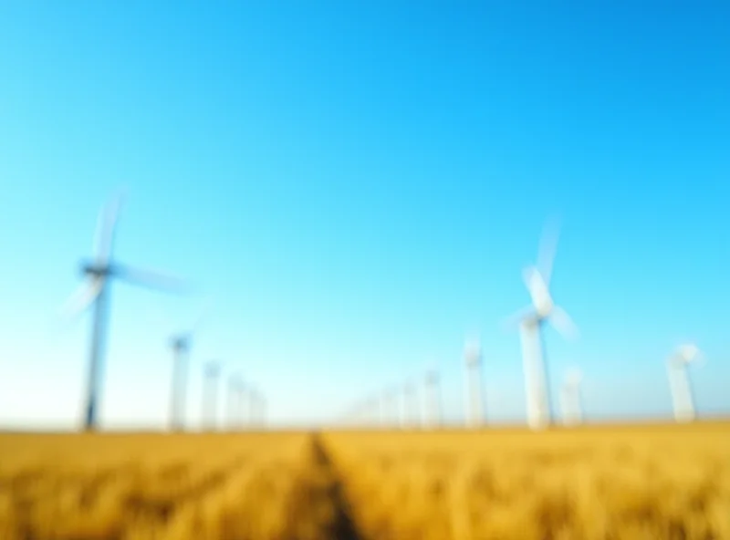 Wind turbines spinning in a sunny field with a clear blue sky, representing renewable energy generation