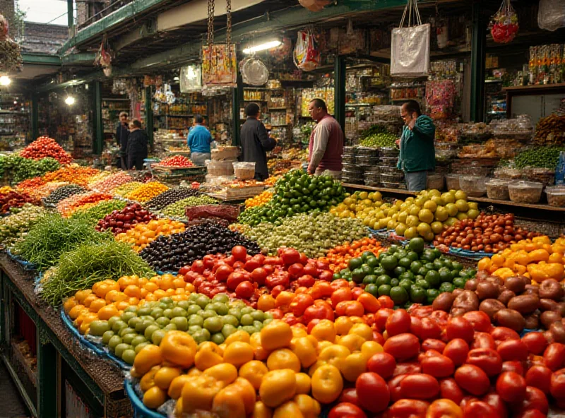 A vibrant marketplace filled with fresh fruits, vegetables, and other food products, showcasing the variety of the Brazilian food market