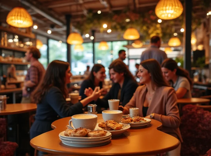 A bustling Brazilian coffee shop with people enjoying coffee and pastries