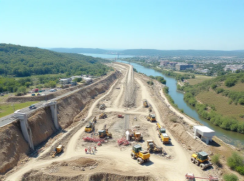 Aerial view of a large construction site with heavy machinery and workers, possibly for a bridge or tunnel project.