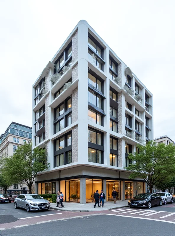 Modern apartment building in a bustling city, showcasing balconies and large windows, representing upscale urban living.