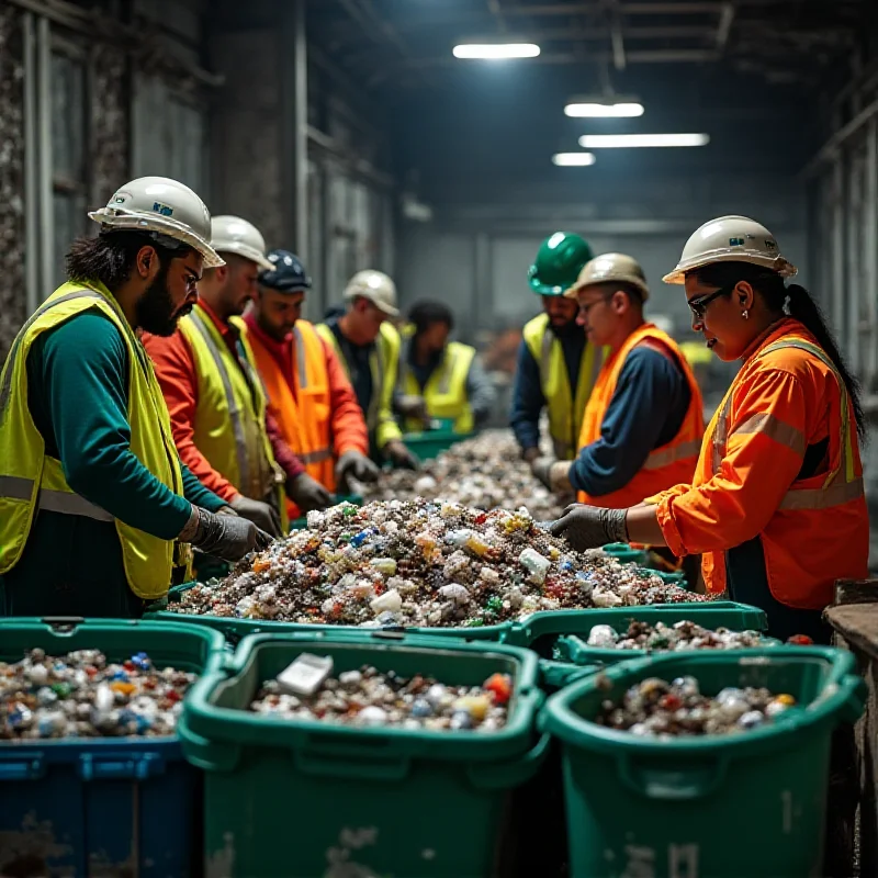 A diverse group of people sorting recyclable materials at a recycling plant, emphasizing teamwork and environmental awareness.