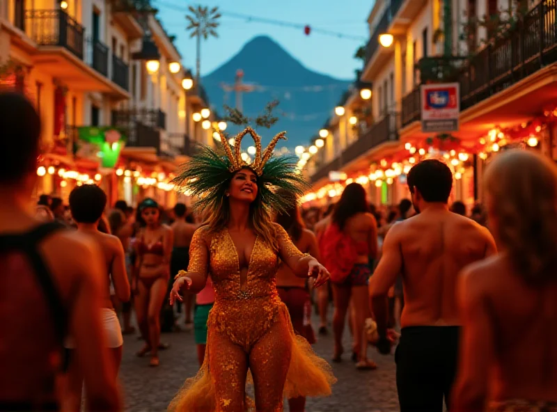 A vibrant street scene in Rio de Janeiro during Carnival, with colorful costumes and dancing crowds.