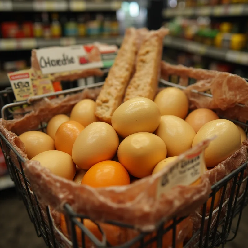 A basket of groceries with inflated prices.