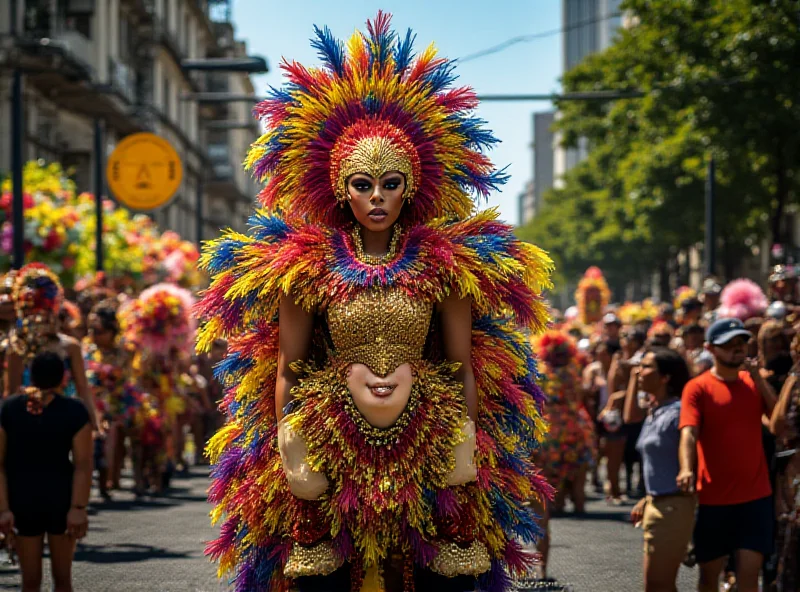 Carnival parade in Rio de Janeiro with elaborate floats and dancers.