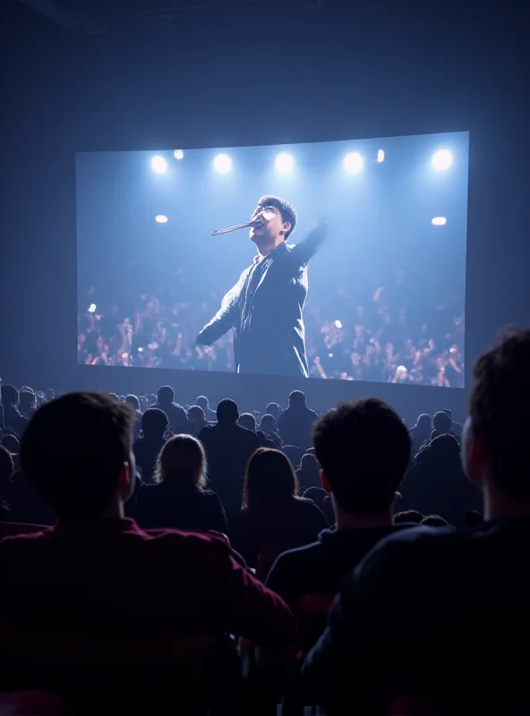 A movie theater screen showing a concert performance with excited fans in the audience.