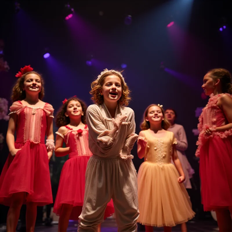 A group of children performing on stage during a musical, smiling and wearing colorful costumes.