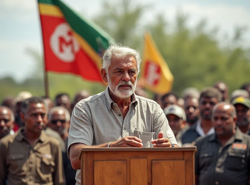 Lula speaking at a podium with the MST flag behind him