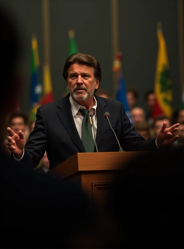 Image of Jair Bolsonaro speaking at a podium, looking determined and addressing a crowd.