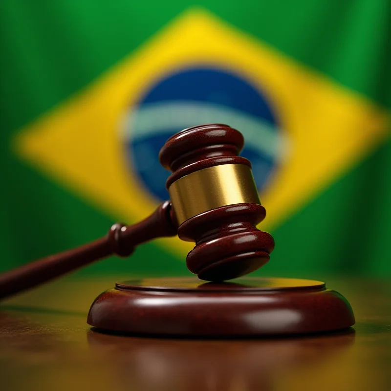 A stylized gavel striking a sound block with the Brazilian flag subtly in the background, representing legal decisions and justice in Brazil.