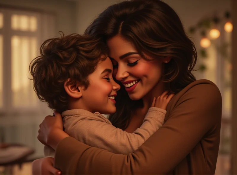 A parent hugging their child tightly, both smiling. Soft, warm lighting.