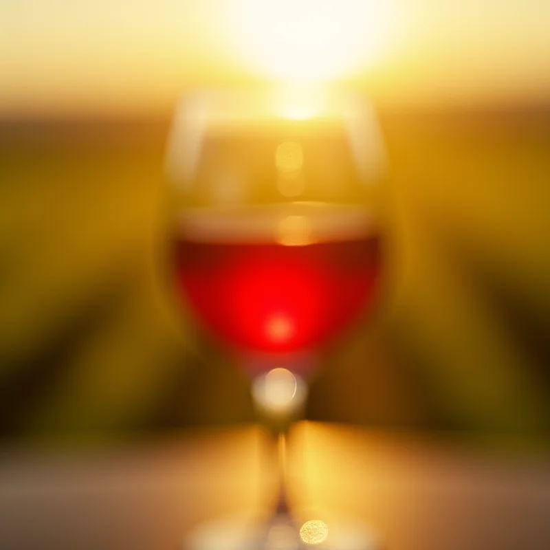 A glass of light red wine, with a blurred background of a vineyard. Sunlight shining through the glass.