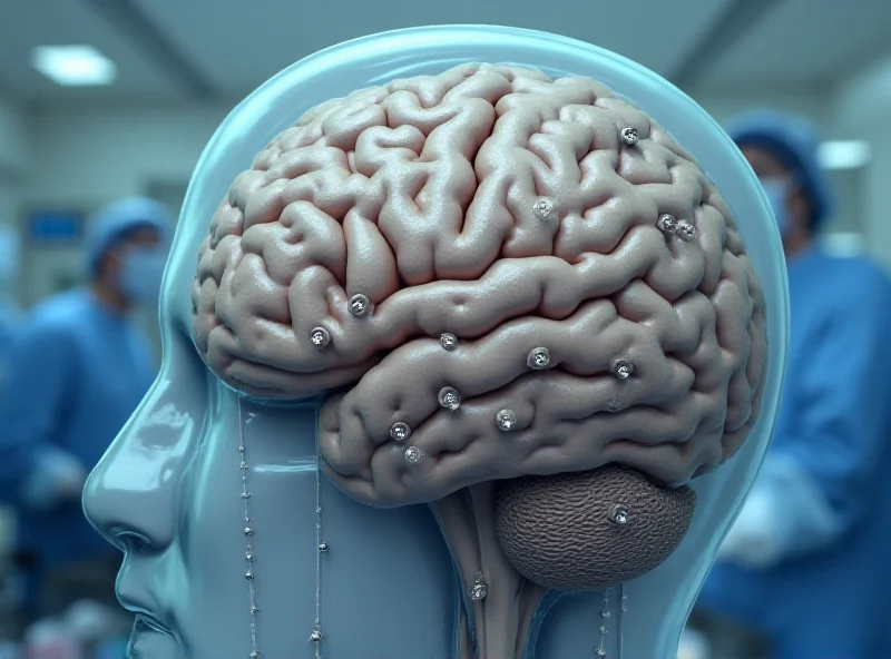 Illustration of electrodes being implanted into a brain, targeting specific areas affected by Parkinson's disease.