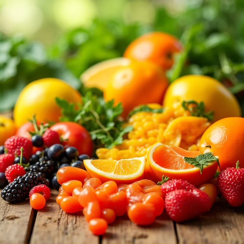 A diverse selection of healthy fruits and vegetables, representing a balanced diet after a period of fasting.