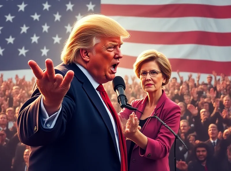 Illustration of Trump speaking at a rally with Elizabeth Warren in the background.