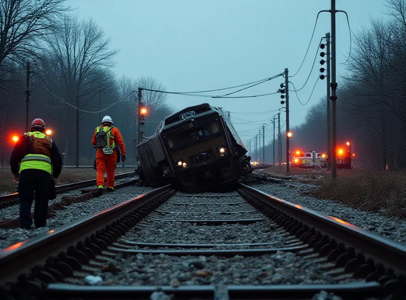 A derailed train at a railway crossing with emergency services on the scene.