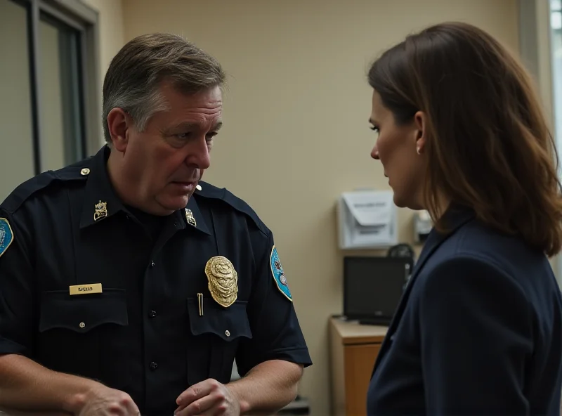 A police officer talking to a social worker with a concerned expression.